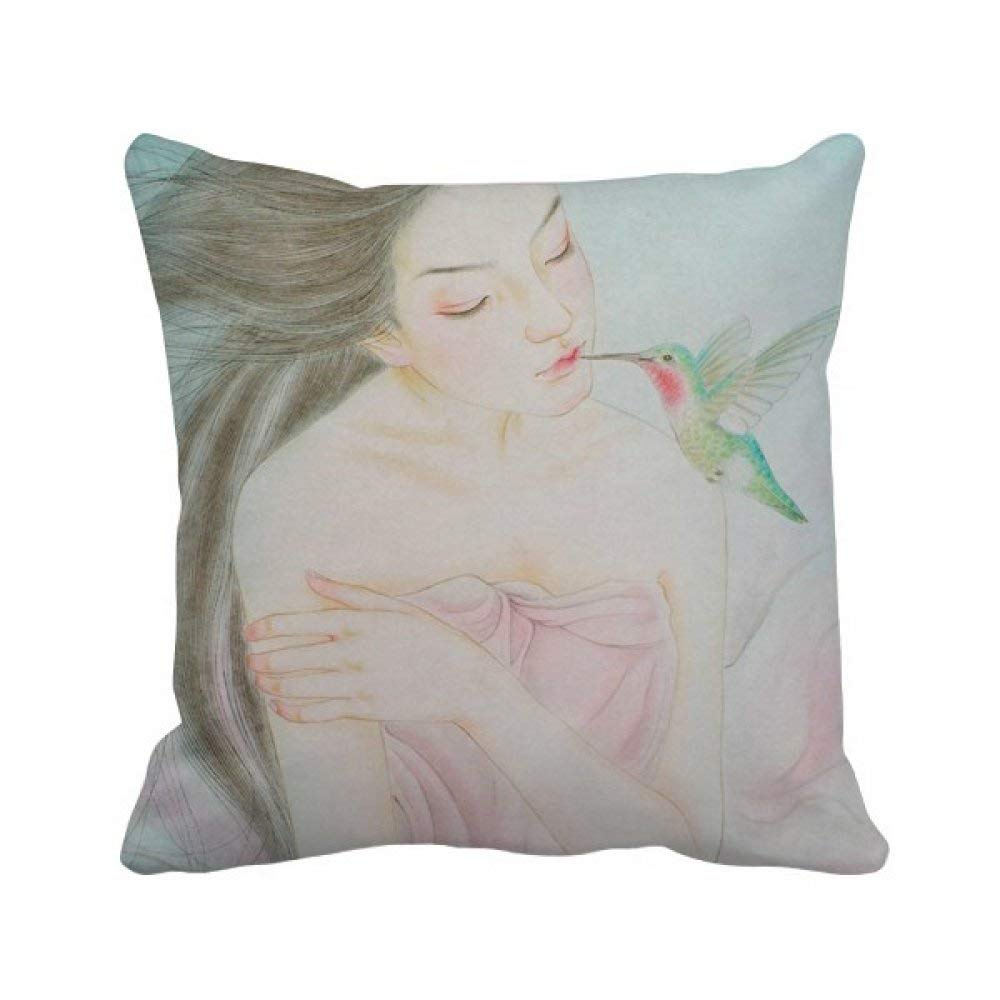 Coussin oiseau style chinois aquarelle carré en polyester de décoration salon
