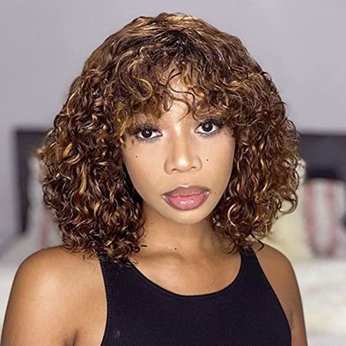 JOEDIR HAIR Highlight Brown Short Curly Wig with Bangs Human