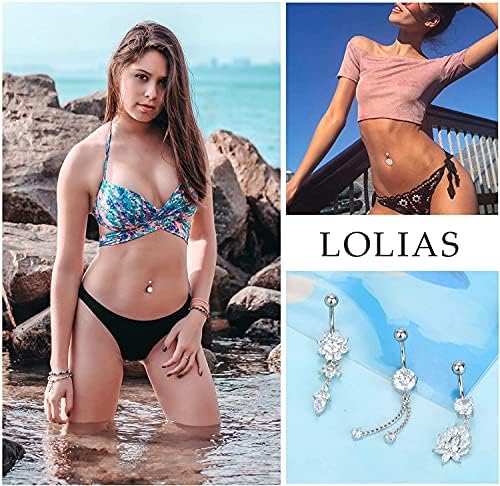 LOLIAS 316L Surgical Steel 14G CZ Navel Rings Belly Button Rings Pearl Helix Piercing Flower Series Navel Piercing for Women Zircon Body Piercing Jewellery 12 Pcs a Set