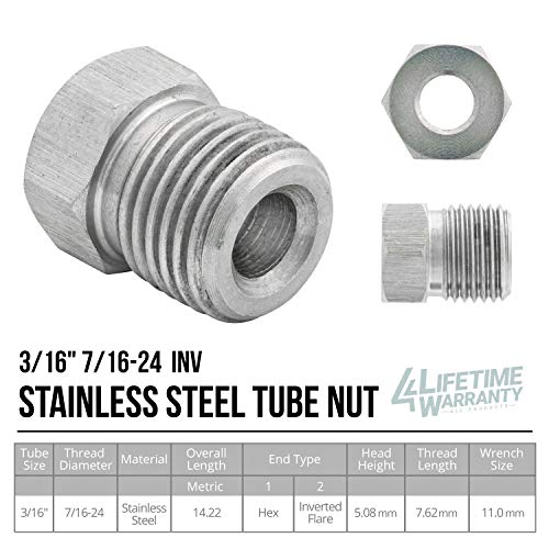 4Lifetimelines Stainless Steel Brake Line Tube Nut, 3/16 (7/16-24 Inverted), Bag Of 10 #TOP4