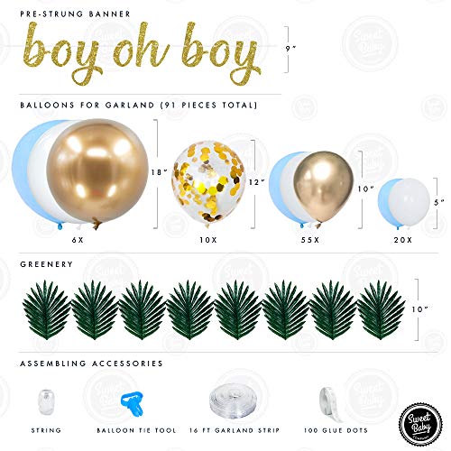Sweet Baby Co. Boy Baby Shower Blue Balloon Garland Arch Kit For Boy With Greenery Leaves Decorations, Boy Oh Boy Banner, Confetti, Metallic Gold, White, Baby Blue Balloons | Elephant Party Decoration #TOP3