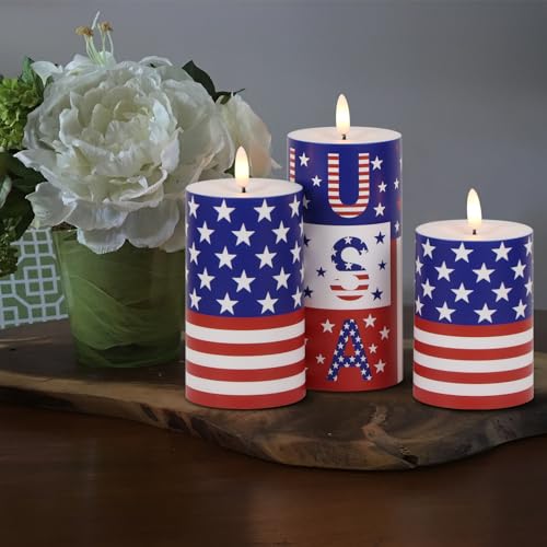 Image of Wondise Patriotic Candles Outdoor Waterproof Flameless Candle with Remote & Timer, 4th of July Battery Operated 3D Wick LED Pillar Flag Candles for Independence Day Home Decor