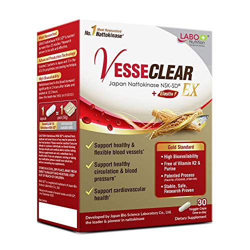 LABO Nutrition VesseCLEAR EX: Nattokinase NSK-SD+Elastin F for Clean & Flexible Blood Vessel. Japan s Most Clinically Studied, Functional Dose, For Cardiovascular, Blood Pressure & Circulation Support