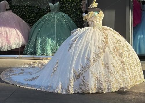 2025 Gold Embellishment White Wedding Quinceanera Prom Dresses for Bride Women Long Train Lace3