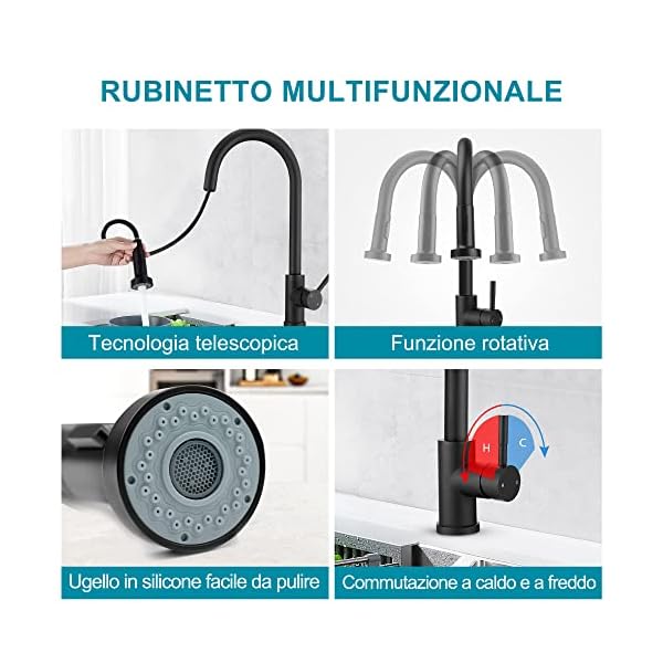 ESLCLO 360° Versenkbare Küchenarmatur , Hoher radialer Einhandgriff, Edelstahl, Ausgestattet mit 60cm Schlauch, 2-Mode… – Bild 6