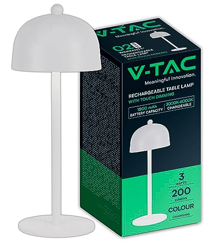 V-TAC Lampada da Tavolo senza Fili LED Dimmerabile in Metallo – Lampada Binaca Wireless per Uso Interno da Casa o Ristorante – Design Elegante – Luce Calda, Fredda, Naturale 3 in 1