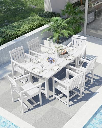 Image of Ciokea HDPE Outdoor Dining Table with Umbrella Hole,66 inch Rectangle Patio Table for 6,All-Weather Outdoor Patio Furniture Set for Garden Backyard,White