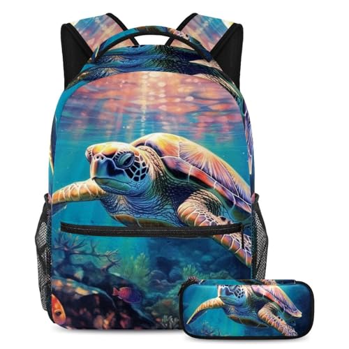 Sac à dos avec trousse motif tortue pour école et voyage des garçons et filles