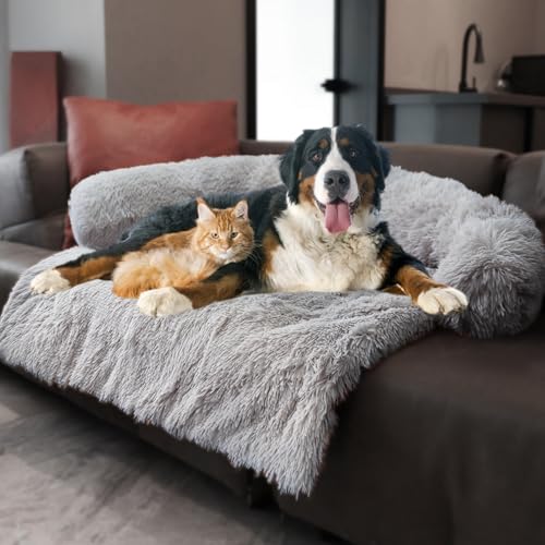 Image of Calming Dogs /Cats Bed Mats, Dog Pad Washable Removable Couch Cover, Plush Long Fur Mat for Pets, Waterproof Lining, Perfect for Small, Medium and Large Dogs and Cats (Light Gray, 59 inchx39 inch)