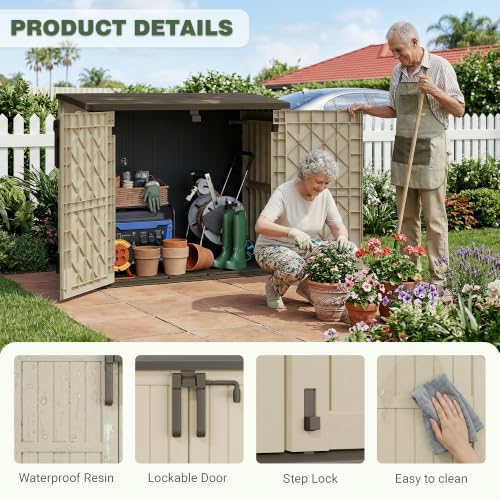 Image of LHBcraft Waterproof Outdoor Storage Box 36 Cu Ft with Lockable Doors,Portable Outdoor Storage Shed,Horizontal Outdoor Storage Cabinet for Garden,Brown-Beige
