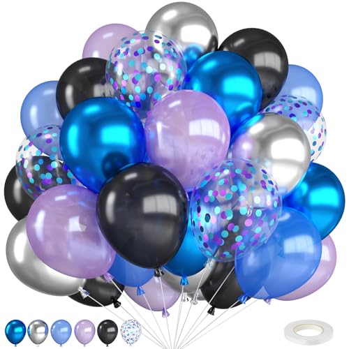 Outer Space Balloons 12 Inch Metallic Black Purple Blue and Silver Confetti Galaxy Balloons for Kids Birthday Outer Space Theme Party Decorations