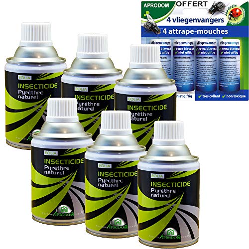 PRODIFA Aérosol au Pyrèthre Naturel Anti-Mouches, moustiques, moucherons, Anti-Insectes Volants 250 ML (6) + 4 Attrape-Mouches Offert