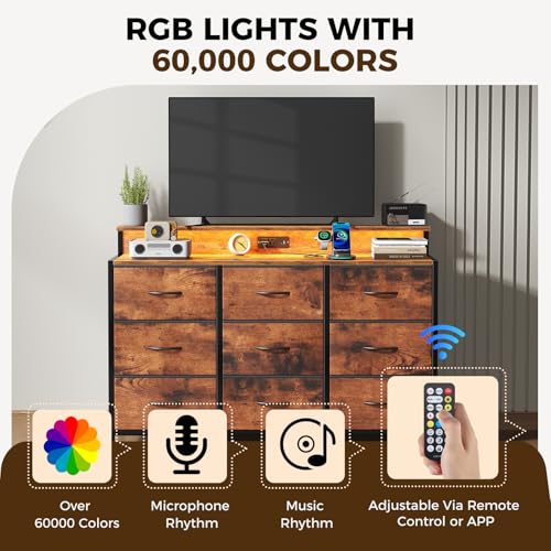 Image of NEWBULIG Wooden Top Media Console for 32-52 inch Dresser TV Stand with 9 Fabric Drawers & Open Shelves, Entertainment Center with LED Lights & Charging Station for Bedroom, Rustic Brown