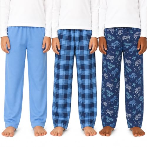 Mad Dog Concepts Boys Pajama Pants - Soft Micro Fleece PJ Bottoms for Kids Printed Plaid Design Boys Sleepwear Size 616 3PK Blue gaming/Blue plaid/Blue solid 14-16 Years