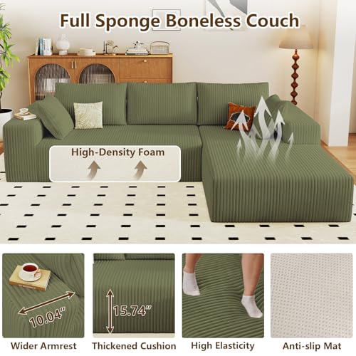 Image of 96 inch Modular Sectional Couch, Boneless L Shaped Cloud Sofa with Chaise Lounge, Corduroy Upholstered Couches Memory Foam Deep Seat, No Assembly Required, Ideal for Living Room(Green, Right Facing)