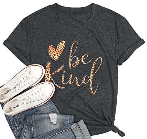 Be Kind Letter Print T-Shirt Women Leopard Heart Cute Graphic Tee Shirt Funny with Saying Kindness Tee Top Dark Gary