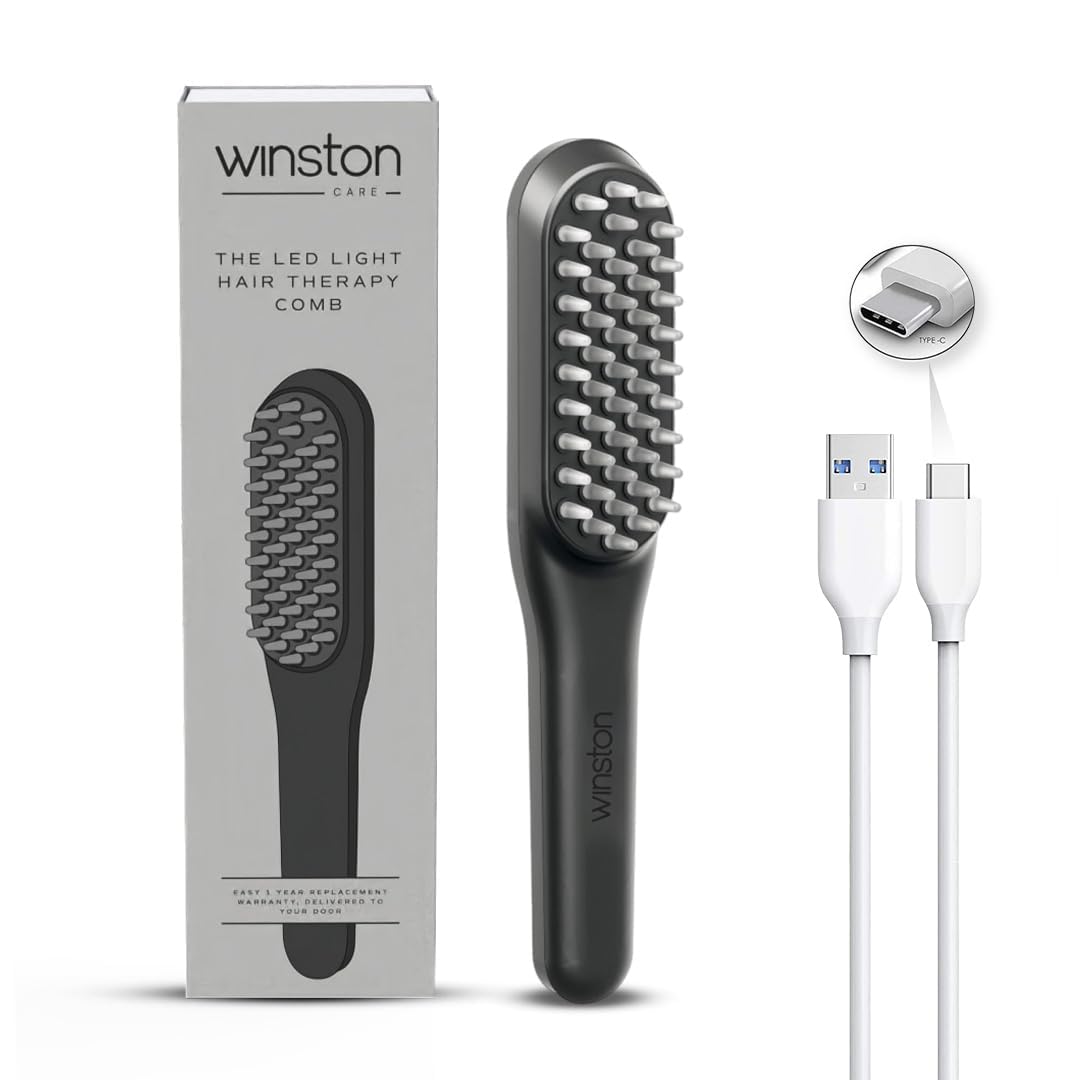 WINSTON LED Hair Growth Comb with Red & Blue Light Therapy & Vibration Head Massager | Scalp Treatment, Hair Fall Control | Rechargeable Electric Detangler for Men & Women (Grey) | 1 Year Warranty (Grey)