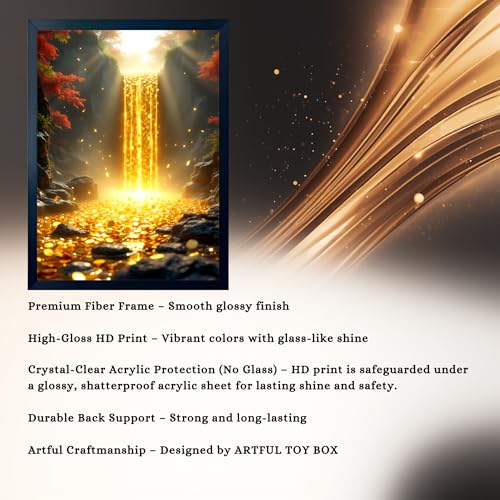 Image of ARTFUL TOY BOX - Golden Money Waterfall Photo Frame Wall Art for Home Decor | Wealth Flow, Abundance & Prosperity Vastu Wall Decor for Living Room & Office | HD Glossy Print | Premium Fiber Black Frame - 12x18 Inch (30x45 cm) (Design 5)