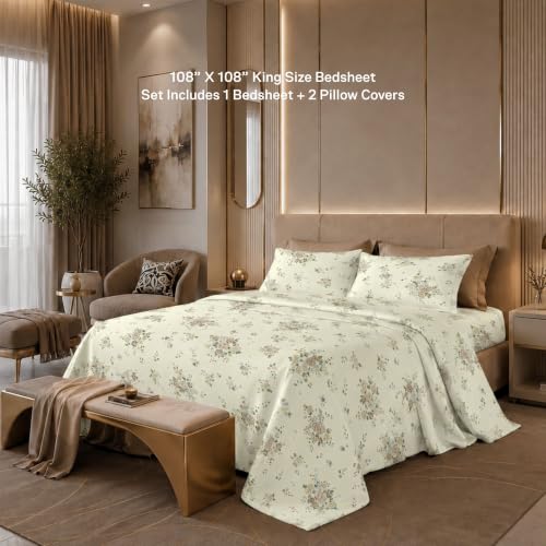 Image of Jaipur Weaves Cotton Percale King Size Bedsheet 108x108 Super King, 100% Pure Cotton Bed Sheet with 2 Pillow Covers, 300 TC Soft Breathable Floral Design Bedding (Floral Brown, Super King)