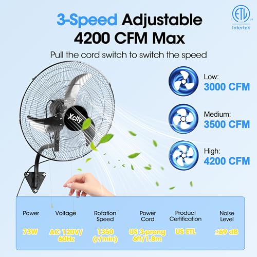 Xcity 18 inch Industrial Wall Mounted Oscillating Fan, 3-Speed, High Velocity, Max 4200 CFM, Adjustable Tilt, Heavy Duty Metal Outdoor Fans for Patio, Garage, Workshop, Warehouse, Black