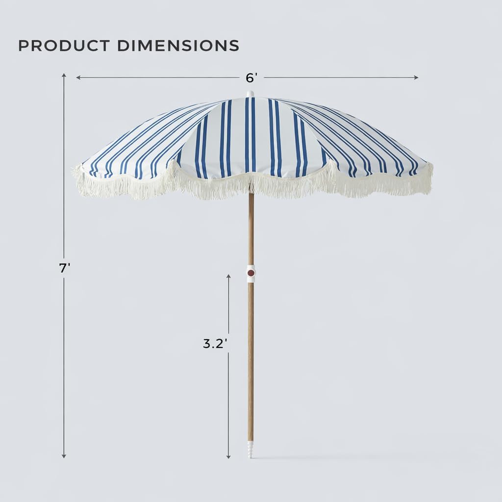 6FT Stripe Fringe Beach Umbrella for Sand with Sand Anchor, UPF 50+ Sun Shade with Tassels, Adjustable Tilt Pole, Portable Coastal Umbrella for Beach & Pool, Heritage Ocean Blue Stripe