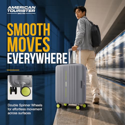 Image of American Tourister Cleva S | Luggage Trolley Bag (67 cm) | 360 8 Wheel Travel Luggage | 2 Compartments | Hard Luggage Polypropylene Suitcase | Mounted TSA Lock | 3 Years Global Warranty | Grey & Lime