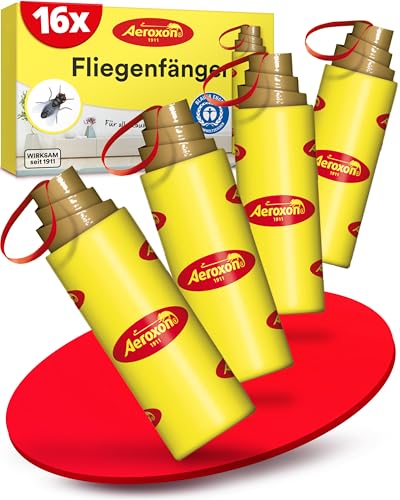 Aeroxon Fliegenfänger 16 Stück - Fliegenfalle Innenbereich, Klebestreifen, Giftfrei Obstfliegenfalle, inkl. Reißnagel zum Aufhängen