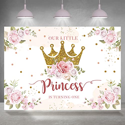 Rsuuinu Little Princess Backdrop 1st Birthday Party Decorations for Girls Pink Flowers Banner Gold Crown Glitter Happy First Birthday Photography Background Cake Table Decor Photo Booth Props 7x5ft