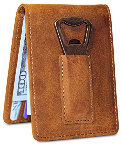 Men's Full Grain Leather RFID Blocking Slim Bi-Fold Wallet w/ Bottle Opener