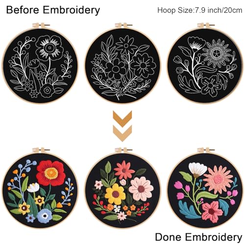 Image of Louise Maelys 3 Pack Floral Embroidery Kit for Beginners with Hoop Threads | 3 Floral Pattern Cross Stitch Kits with Hoop, Threads and Step-by-Step Instruction, DIY Needlepoint Kit for Starter Supplies
