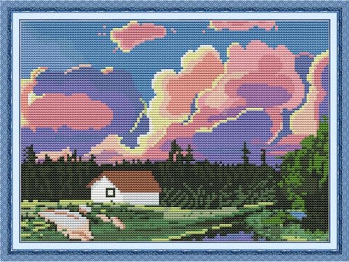 Image of CROSSDECOR Stamped Cross Stitch Kits Pre-Printed in Aida Cloth Cross-Stitching 14CT Embroidery Starter Kits DIY Cross Stitch Kits for Adults,Rosy Clouds 30x21cm