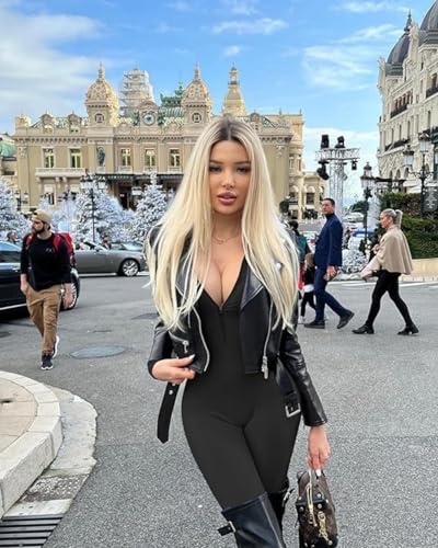 Yaaapiy Damen Sport Jumpsuit Lang Eng Yoga Overall Langarm V-Ausschnitt Playsuits mit Reißverschluss Jogging Strampler Hosenanzug Trainingsanzug (nero, M)