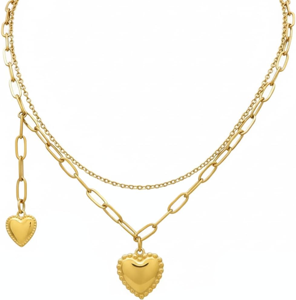 Gold Tone Heart Pendant Necklaces For Women Trendy Chunky Stackable Heart Charm Necklace Cute Multi-Layered Love Heart Choker Paperclip Chain Necklaces for Women Fashion Jewelry Gifts