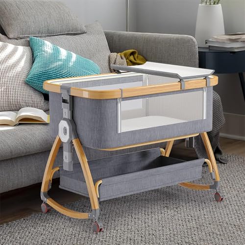 MOTIM سرير أطفال، سرير أطفال بجانب السرير مع مرتبة وناموسية، سرير هزاز قابل لتعديل الارتفاع بـ 6 مستويات، سرير أطفال محمول بجانب السرير للرضع/الأطفال حديثي الولادة
