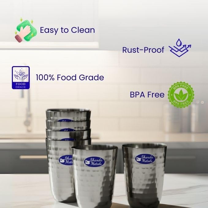 Image of Sharda Metals Stainless Steel Hammered Glass Set of 2 for Water, Juice, Soft Drinks, Lassi, Chaass & Beverages, Mathar Tumbler, Food Grade Serving Glasses - 300 ml Each