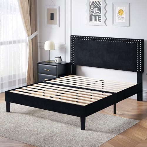 Image of VECELO Queen Size Platform Bed Frame with Height Adjustable Upholstered Headboard, Modern Mattress Foundation,Strong Wood Slat Support, No Box Spring Needed, Easy Assembly,Black