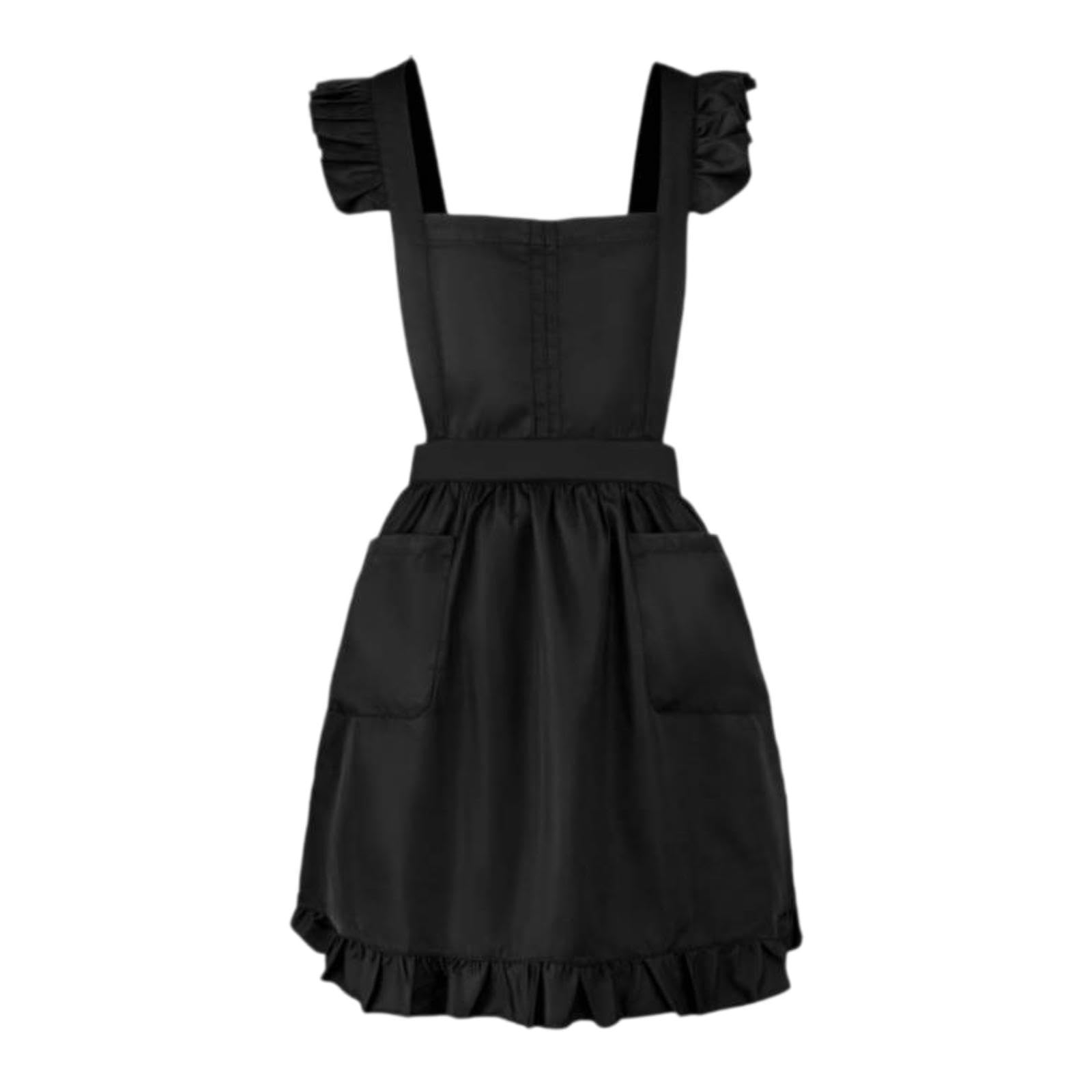 Grembiule retrò con volant regolabile per la casa per ragazze e donne, cucina, cottura, travestimento, cosplay, costume con tasche anteriori, Nero