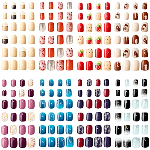 192 Pieces Short Square False Nails Colorful Artificial Fake Nails Full Cover Fake Fingernails Press on Glossy Artificial Nails for Nail Salon Art DIY Decoration Supplies (Chic)
