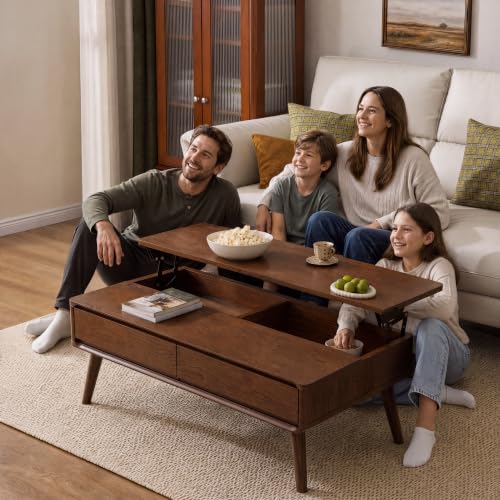 Image of Solid Oak Wood Lift Top Coffee Table for Living Room, Fully-Assembled