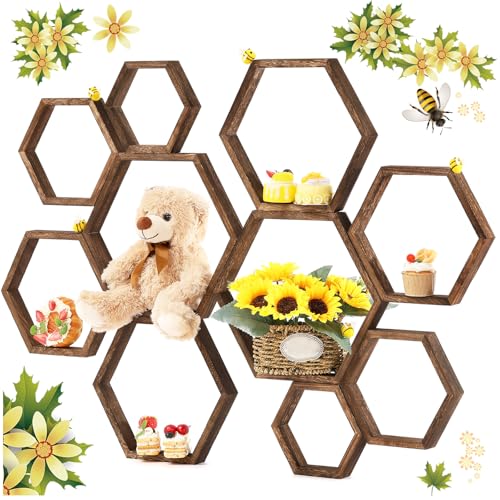 Image of Gerrii 10 Pcs Honey Comb Decorations 5 Sizes Wood Hexagon Shelves Honeycomb Centerpiece Cupcake Stand Wooden Bee Hive Display Holder for Baby Shower Honeybee DIY Birthday Party Decor (Dark Brown)