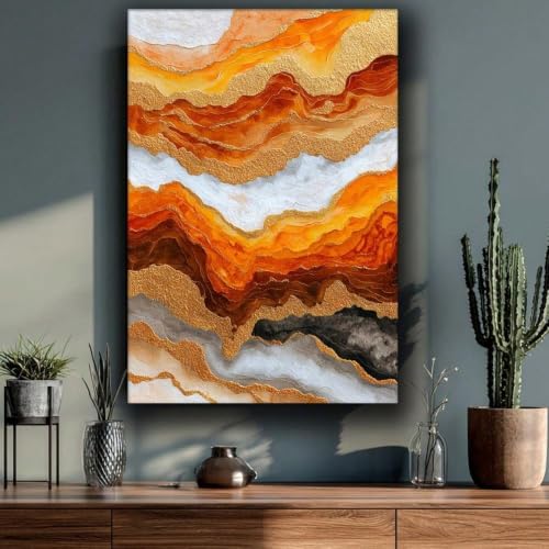 Tableau sur toile abstrait de luxe marbré orange brûlé