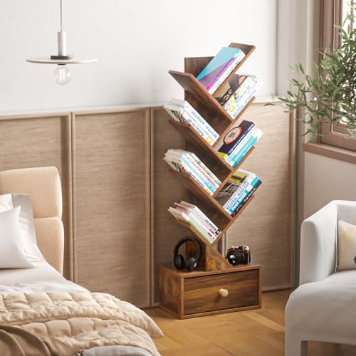 8 Tier Tree Bookshelf with Drawer, Free Standing Wood Bookcase for Narrow Space, Storage Organizer Bookshelves for Books, Book Case for Home Office, Living Room, Bedroom, Rustic Brown - Image 6