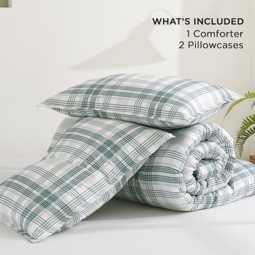 Image of Andency Blue Plaid Comforter Set Full(79x90 Inch), Gingham Checkered Grid Stripes Bedding Comforter Sets for Boys Girls Kids, 3 Pieces Preppy Geometric Line Soft Lightweight Reversible Bed Set as Gift