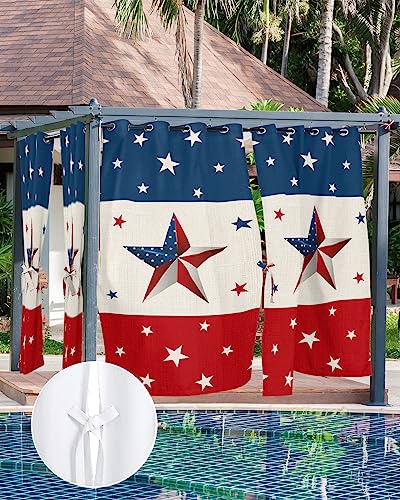 Patriotic Independence Memorial Day Waterproof Outdoor Curtains for Patio,Blackout Curtain with 2 Tiebacks,USA Flag Blue Red White Stars Grommet Window Treatment for Porch Pergola,1 Panel,52
