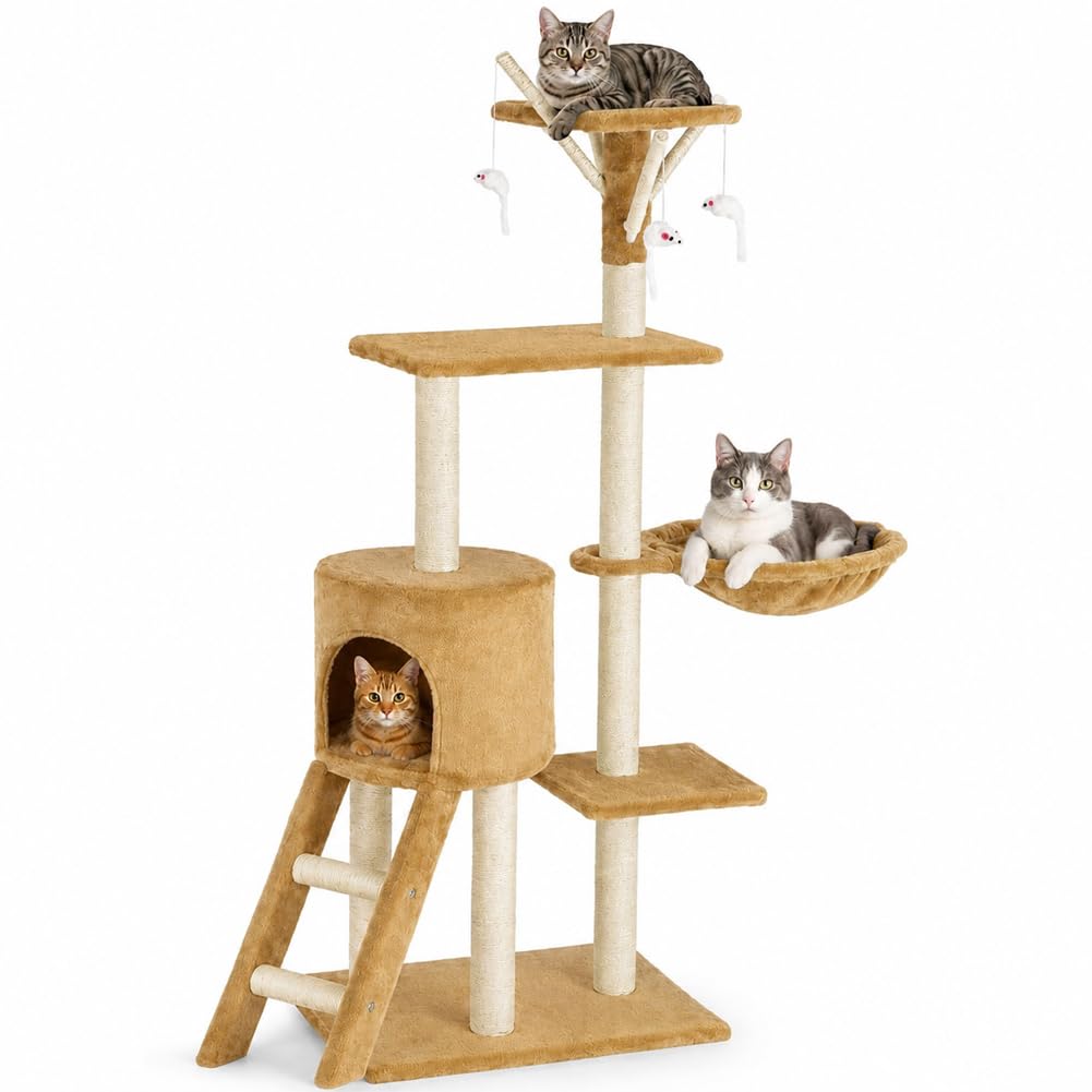 BAKAJI Rascador para Gatos, árbol de sisal, Parque de Juegos, para Gatos, rascador de Columna, Altura 144 cm (Beige)