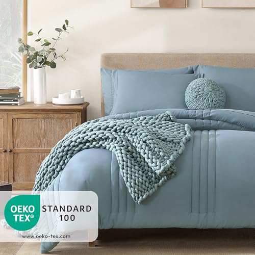 Image of Monbix King Size Comforter Set - 7 Pieces Bed in a Bag King, Dusty Blue Bedding Sets with Comforter, All Seasons Comforter Bed Set with Sheets, Pillowcases & Shams