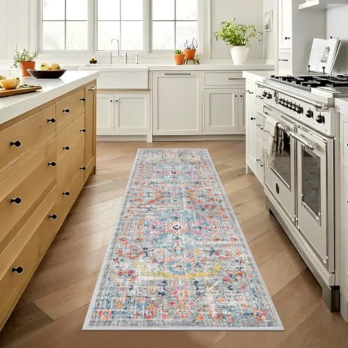 Pauwer Hallway Runner Rug 2'x6' Washable Boho Farmhouse Entryway Kitchen Runner Vintage Non Slip Laundry Room Bathroom Area Rugs Rubber Backed Front Door Foyer Bedroom Floor Mat Carpet Runner, Grey
