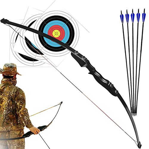 Arco e Flecha Profissional 40lbs de Força em Madeira de Faia Recurva com 5 Flechas de Disparo com Ponta de Alumínio Para Tiro ao Alvo Caça Pesca Campeonato Treino (Preto)