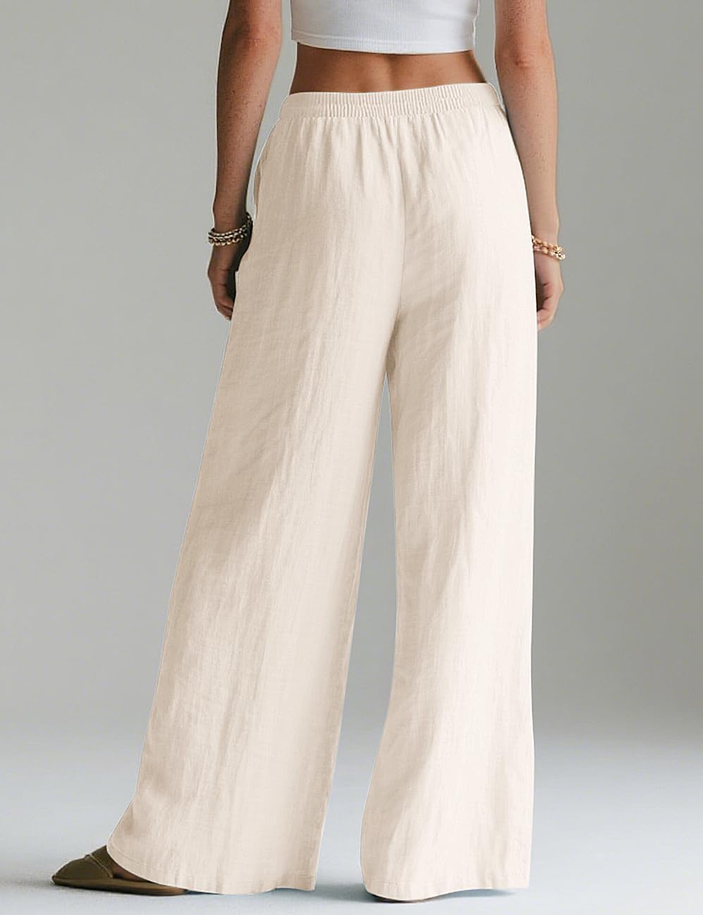 LOMON Linen Pants Women Wide Leg Palazzo Summer Flowy Pants Beach Vacation Clothes Elastic Waist Travel Trousers with Pockets - Image 4