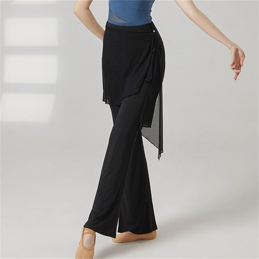 Women's Latin Dance Pants Long Micro Flared Trousers with Mesh Wrap Skirt Classical Stage Practice Wear for Line Dancing